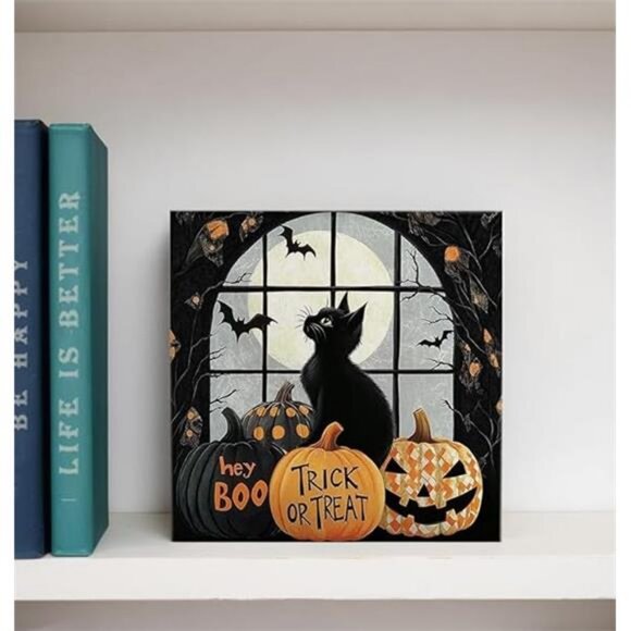 Halloween Signs, Halloween Black Cat Wooden Box Sign, Black Cat Halloween - Picture 2 of 6